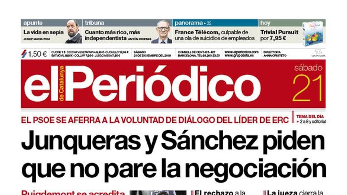 La portada de EL PERIÓDICO del 21 de diciembre del 2019