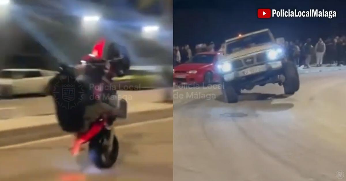 Un motorista hace un caballito, que acabó en caída, y un todoterreno a tres ruedas