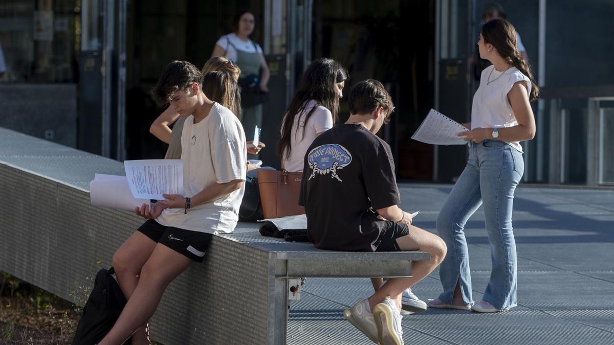 Grupo de estudiantes repasa apuntes.