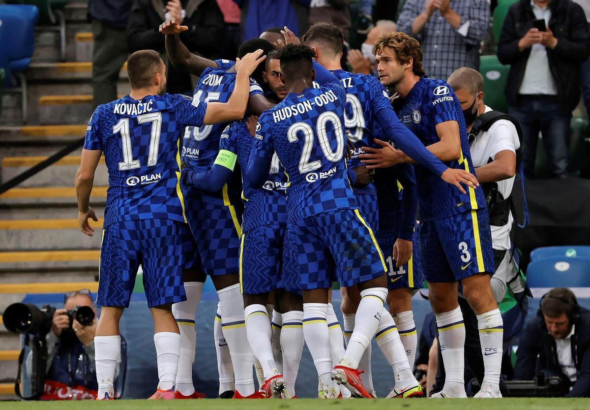 Los jugadores del Chelsea celebran el 1-0 ante el Villarreal en la Supercopa de Europa.