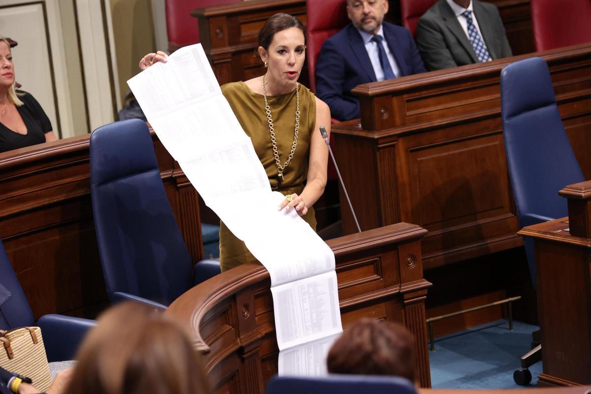 La consejera Jéssica de León muestra el listado completo de las supuestas 8.698 viviendas vacacionales que han salido del mercado.
