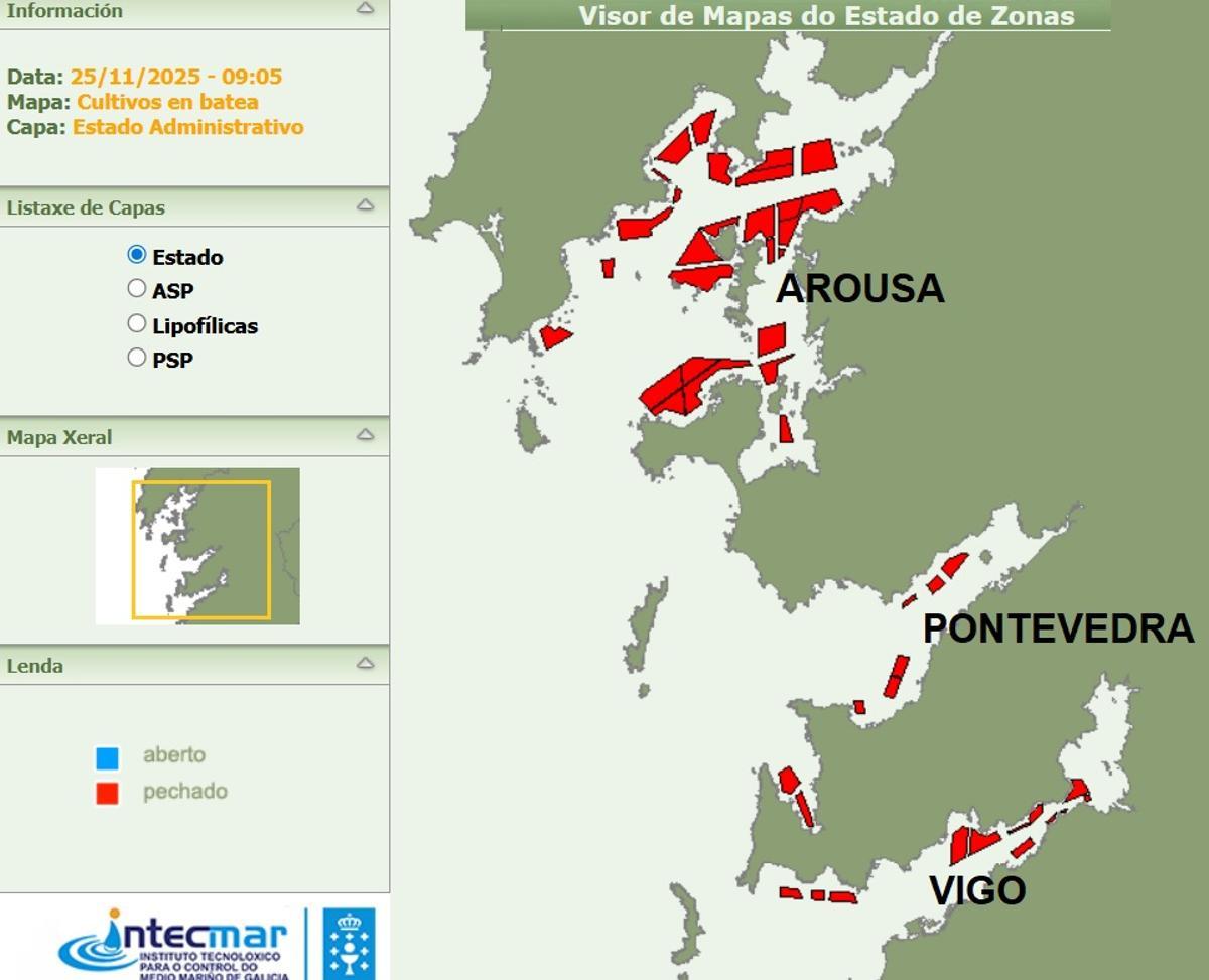 Mapa del Intecmar que muestra el cierre de todos los polígonos bateeiros de Arousa, Pontevedra y Vigo.