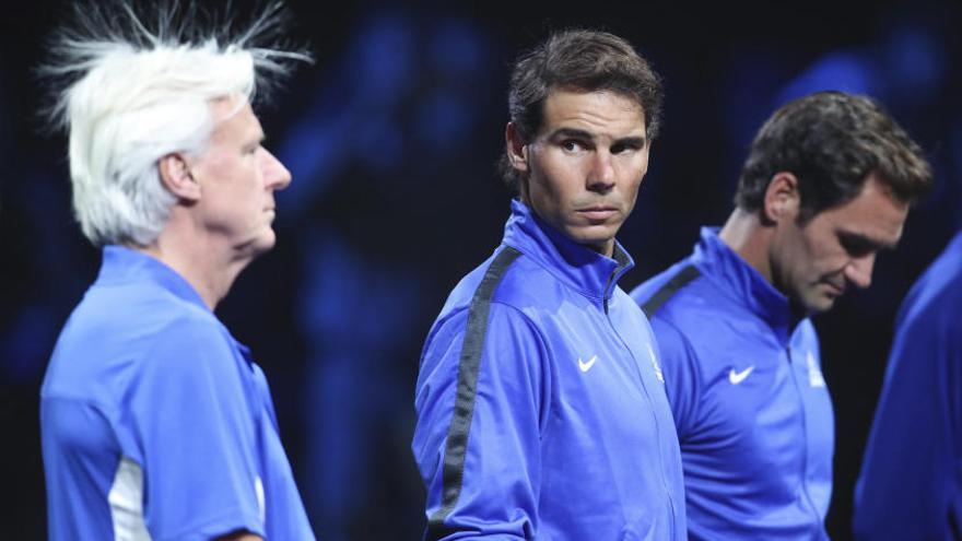 Nadal, junto a Federer y el capitán europeo,  Bjoern Borg.