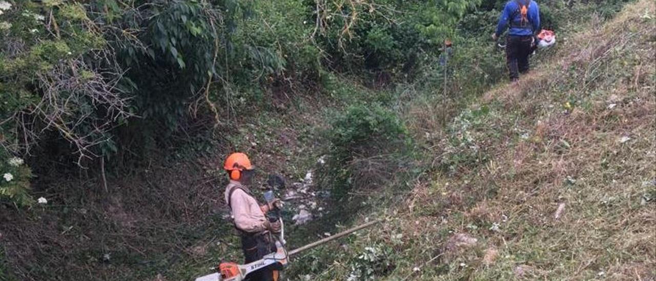 Unos operarios limpian una riera en La Llacuna, en junio del 2020.