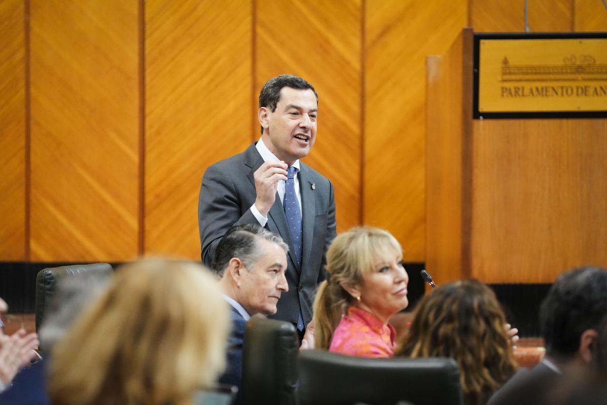 El presidente de la Junta de Andalucía, Juanma Moreno, interviene durante la sesión de control en el pleno del Parlamento andaluz.