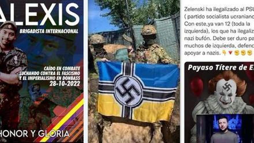 Pasquines de propaganda sobre la guerra de Ucrania distribuidos en redes sociales. A la izquierda, recuerdo de un caído prorruso en el Donbás orlado con la bandera republicana española. En el centro, dos supuestos combatientes ucranianos con una bandera de Ucrania reconvertida en enseña nazi. A la derecha, caricaturización de Volodimir Zelenski.