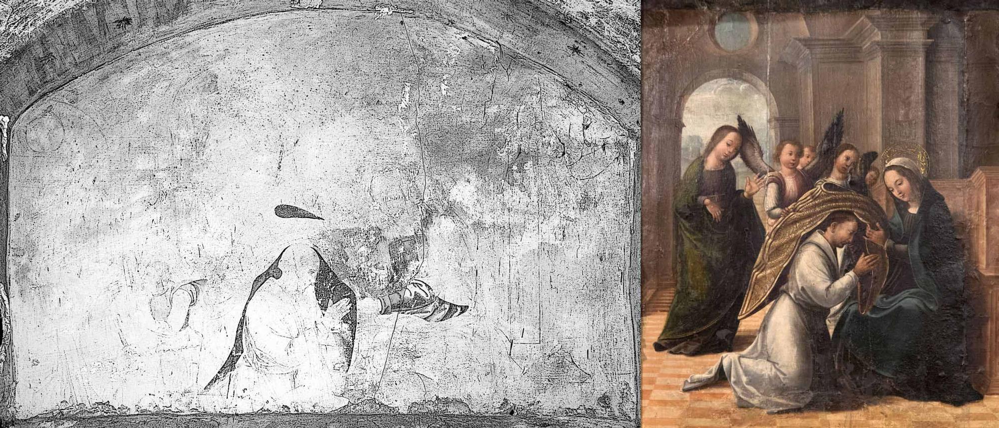 Comparativa realizada por Ledo del Pozo; a la izquierda el dibujo mural encontrado y a la derecha la tabla del retablo de San Ildefonso.