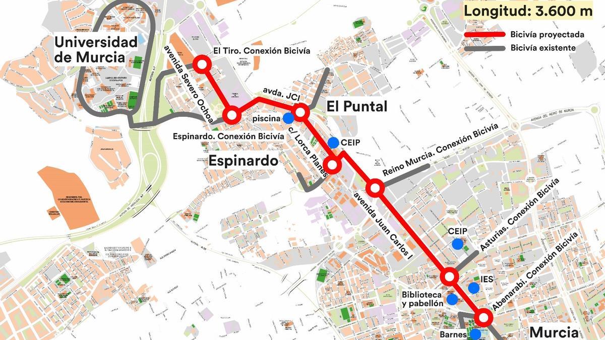 Recorrido del nuevo carril bici entre el Campus de Espinardo y el casco urbano de Murcia