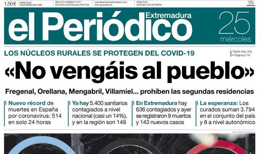 Esta es la portada de EL PERIÓDICO EXTREMADURA correspondiente al día 25 de marzo del 2020