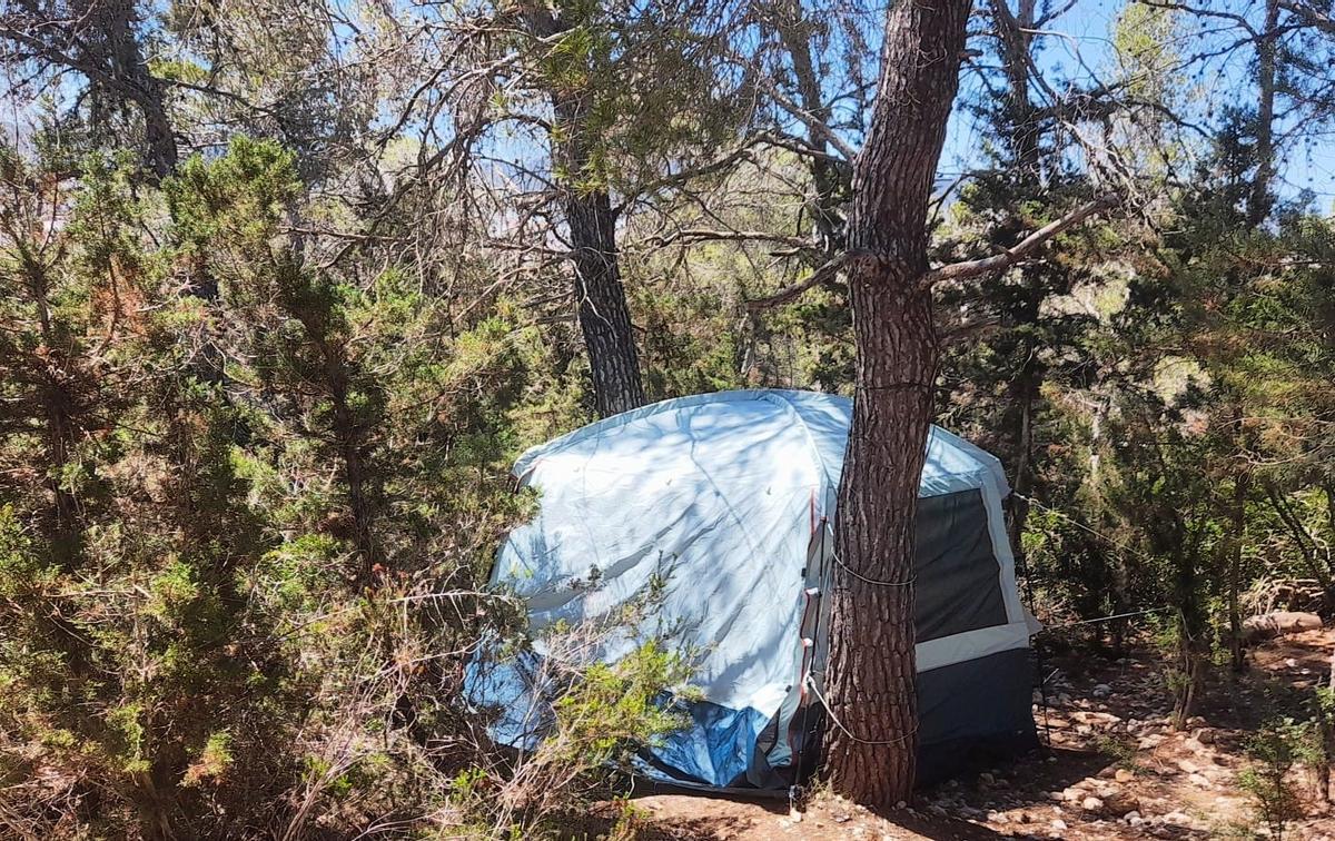 Fotografía de una tienda de campanya en un bosque de Ibiza.