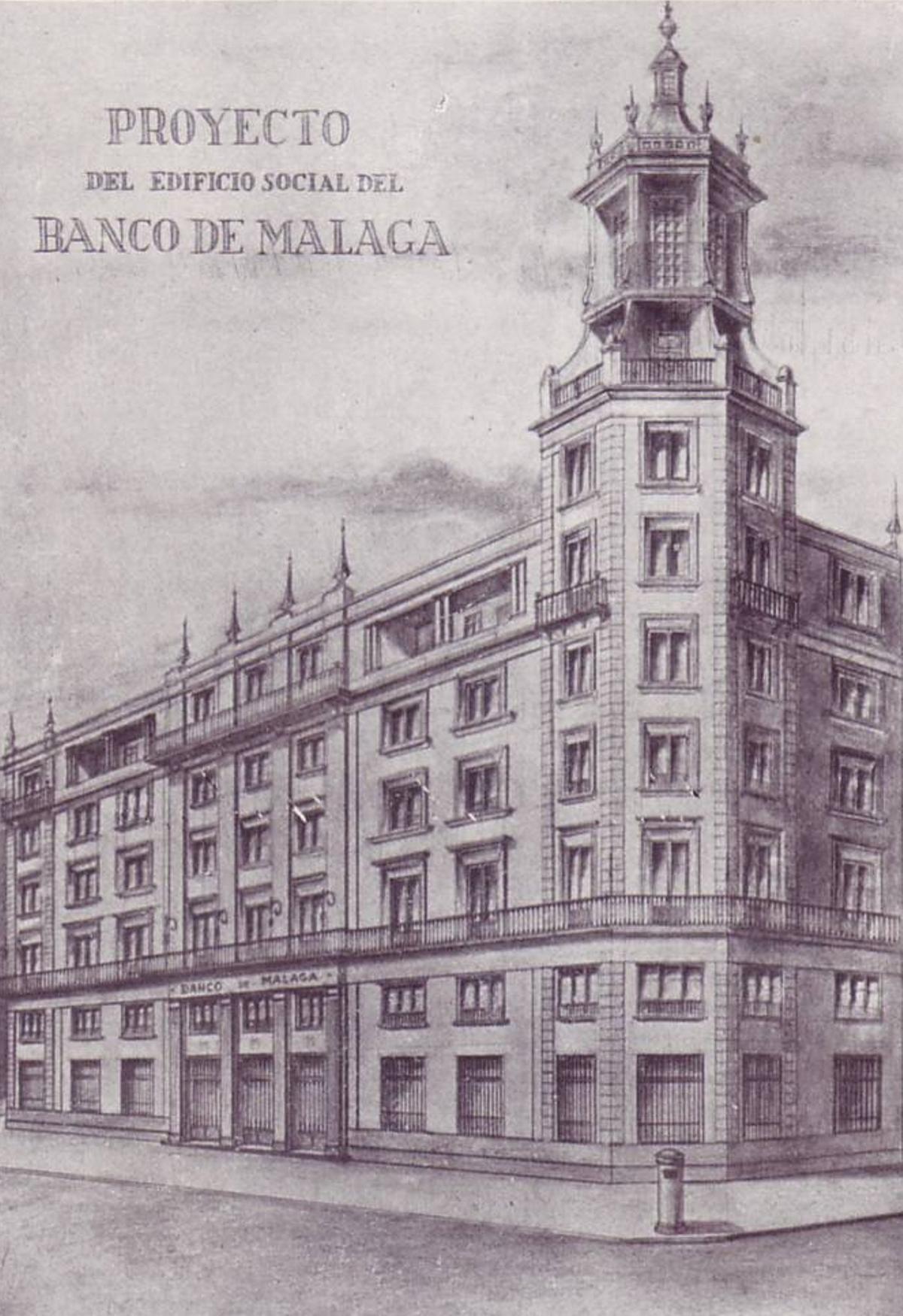 Proyecto del edificio de la sede social del Banco de Málaga en calle Atarazanas, 2, del arquitecto Andrés Escassi, inaugurado en 1956.