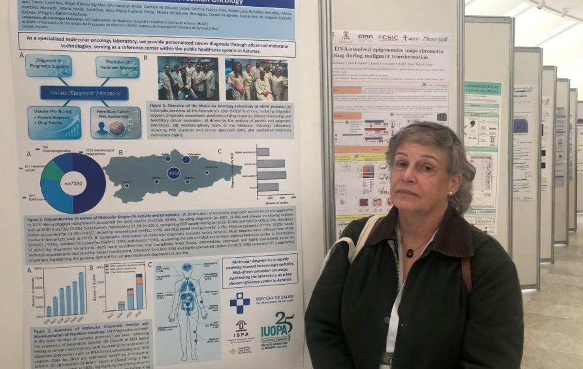 Milagros Balbín,  junto al panel del Laboratorio de Oncología Molecular del HUCA. | LNE