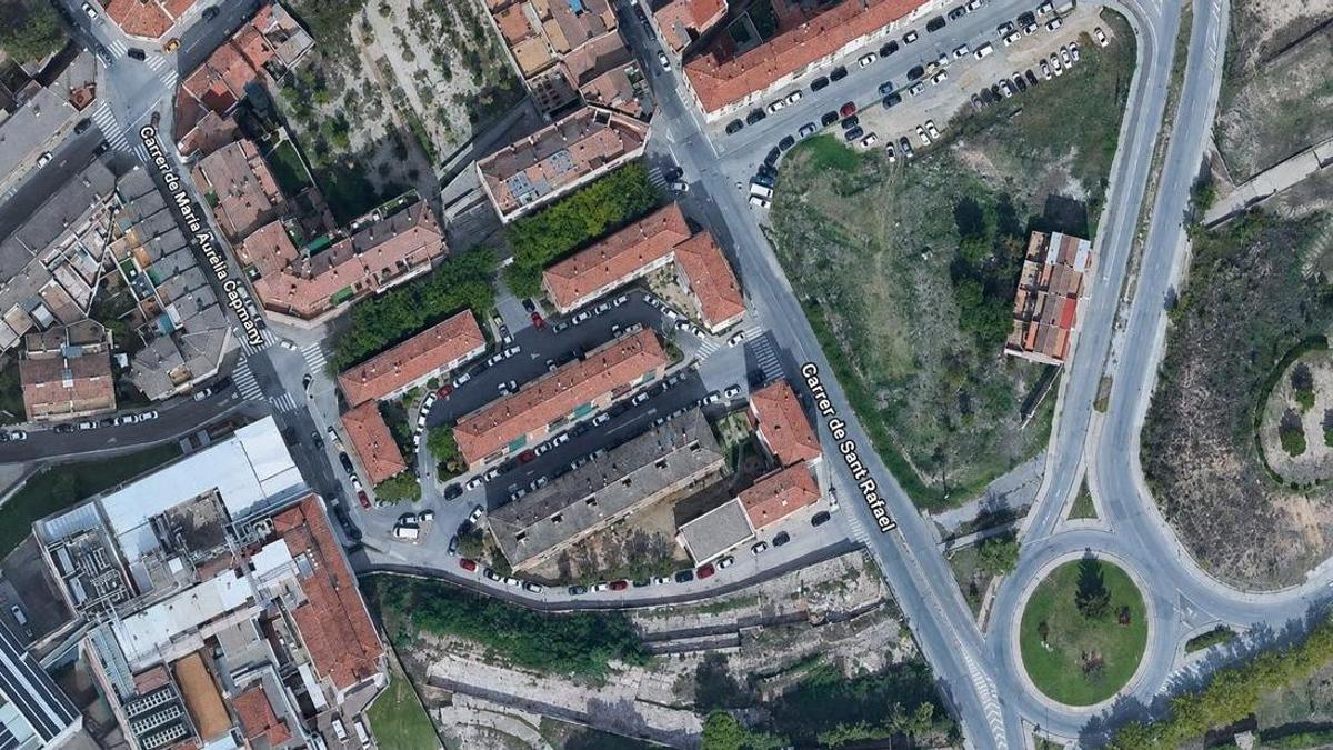 Imatge zenital de la zona de Manresa on hi ha els dos carrers afectats, el Maria Aurèlia Capmany i el de Sant Rafael