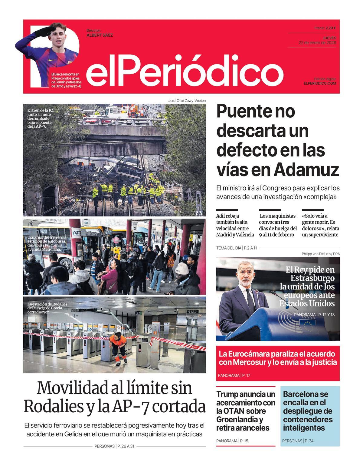 La portada de EL PERIÓDICO del 22 de enero de 2026