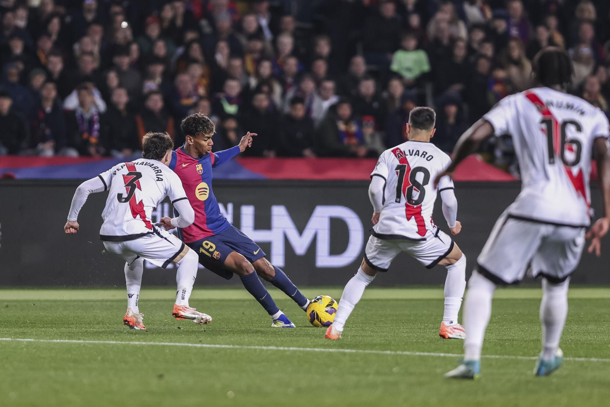 Lamine Yamal of FC Barcelona in action during the Spanish league, La Liga EA Sports, football match played between FC Barcelona and Rayo Vallecano at Estadio Olimpico de Montjuic on February 17, 2025 in Barcelona, Spain. AFP7 17/02/2025 ONLY FOR USE IN SPAIN. Javier Borrego / AFP7 / Europa Press;2025;SPORT;ZSPORT;SOCCER;ZSOCCER;FC Barcelona v Rayo Vallecano - La Liga EA Sports;