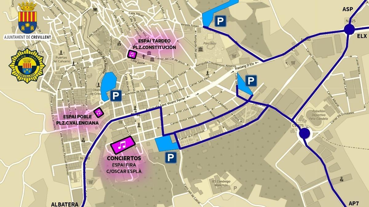 Mapa con la ubicación de los aparcamientos públicos y de la zona de conciertos Fiestas Crevillent 2022