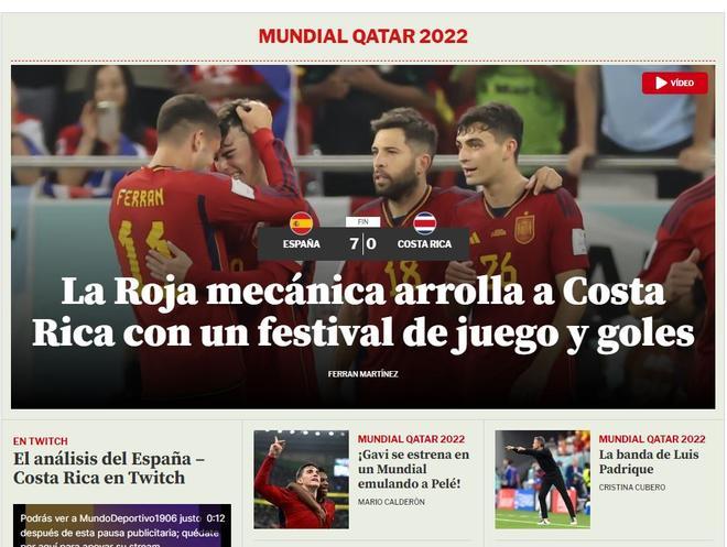 Las reacciones de los periódicos digitales deportivos a la histórica goleada de España ante Costa Rica