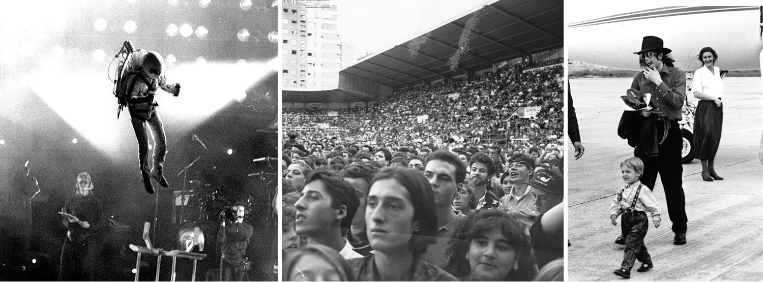Dos imágenes del concierto. A la derecha, un niño, hijo de la traductora, recibe a la estrella en el aeropuerto de Asturias.