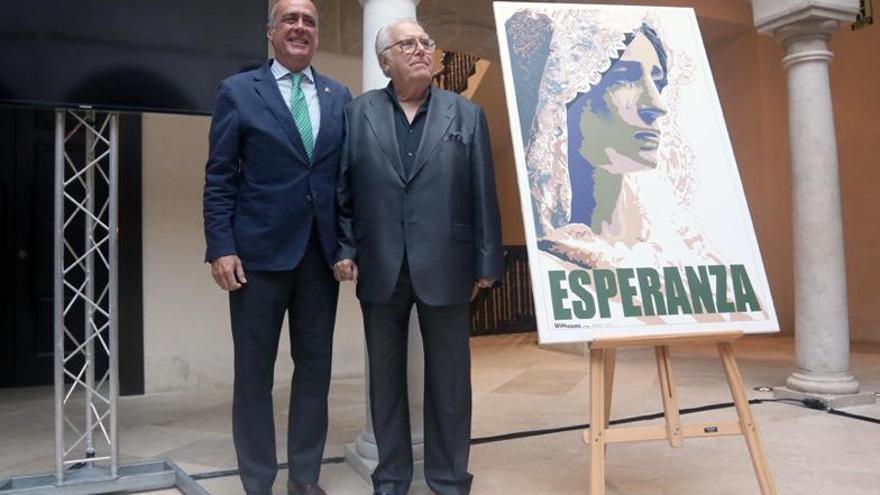 El hermano mayor de la Esperanza, Carlos López Armada, y el pintor Eugenio Chicano junto al cartel.