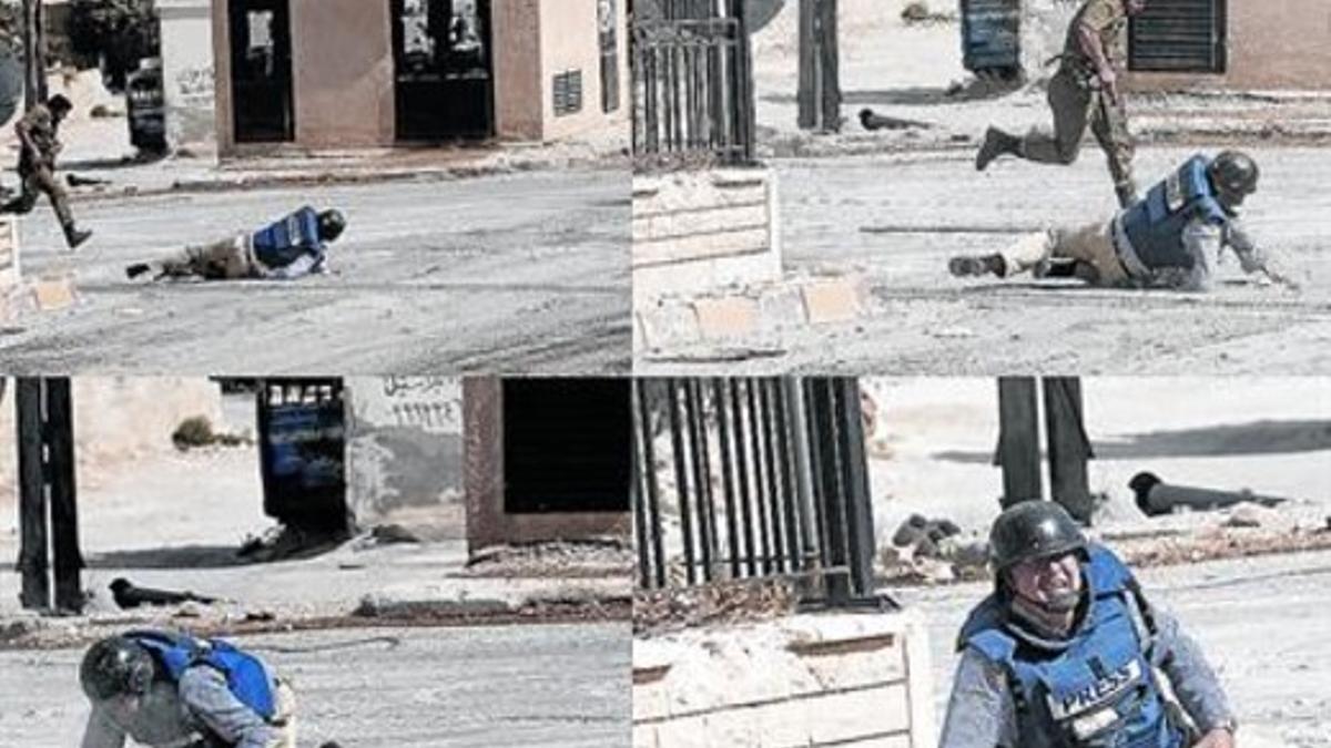 El reportero de France Presse Sammy Ketz busca refugio durante un tiroteo en Maalula (Siria) en septiembre.
