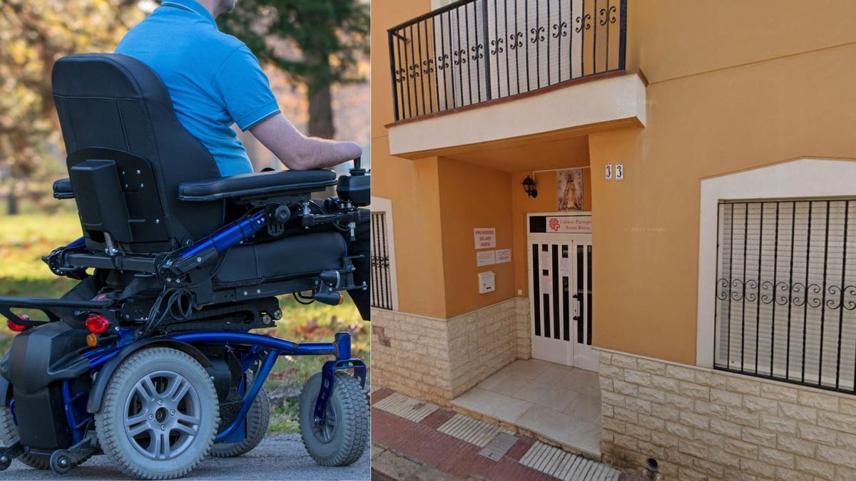 Silla de ruedas eléctrica como la que ya ha sido recuperada, junto a la fachada de la sede de Cáritas de El Campello donde se produjo el robo.