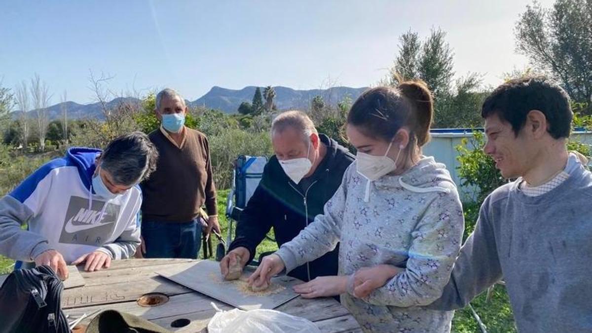 Varios jóvenes trabajan en la granja de caracoles.