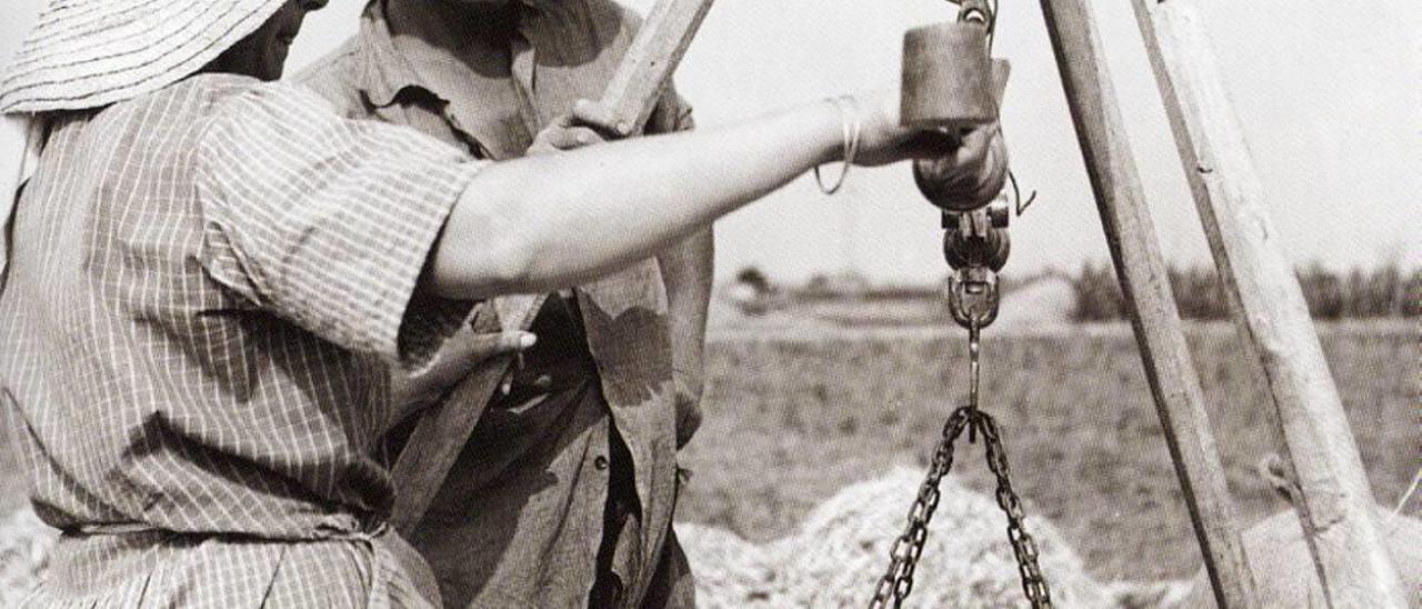 Un campesino y una campesina pesan un saco con una romana.