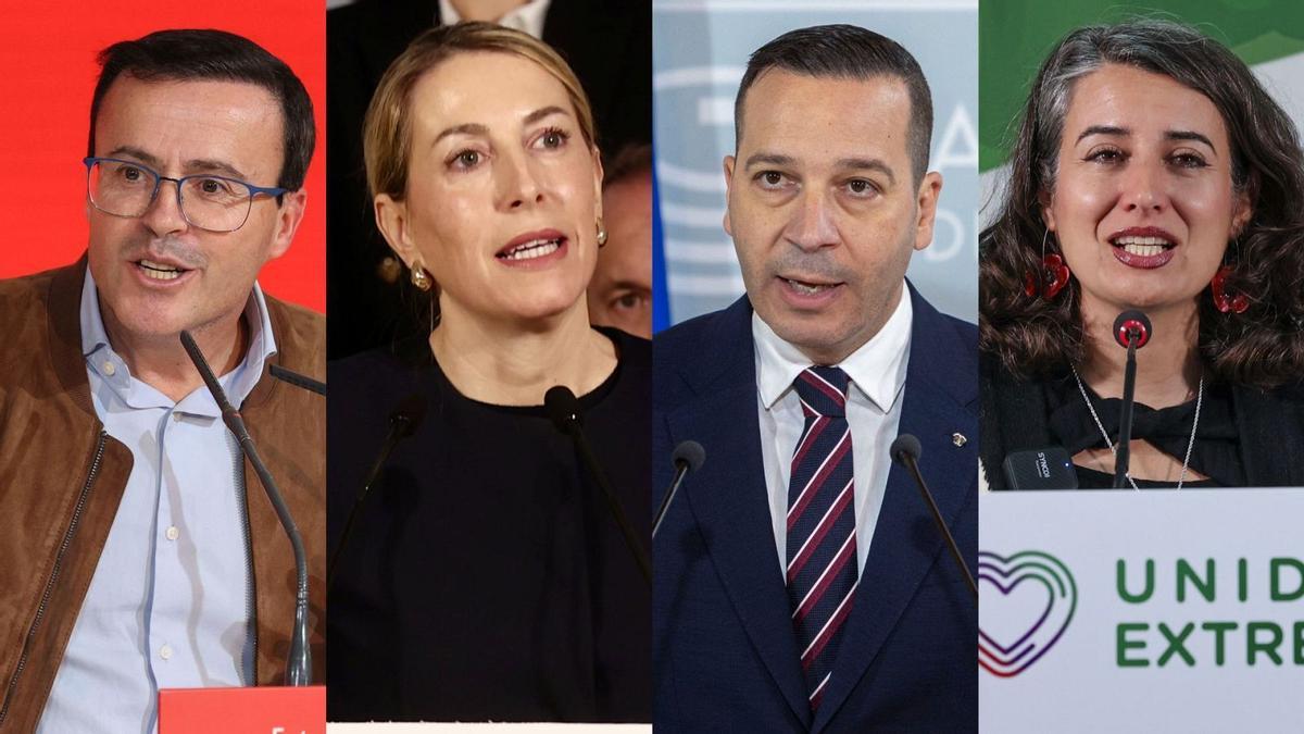os candidatos del PSOE, Miguel Ángel Gallardo; PP, María Guardiola; Vox, Óscar Fernández Calle, y Unidas por Extremadura, Irene de Miguel, a las elecciones extremeñas
