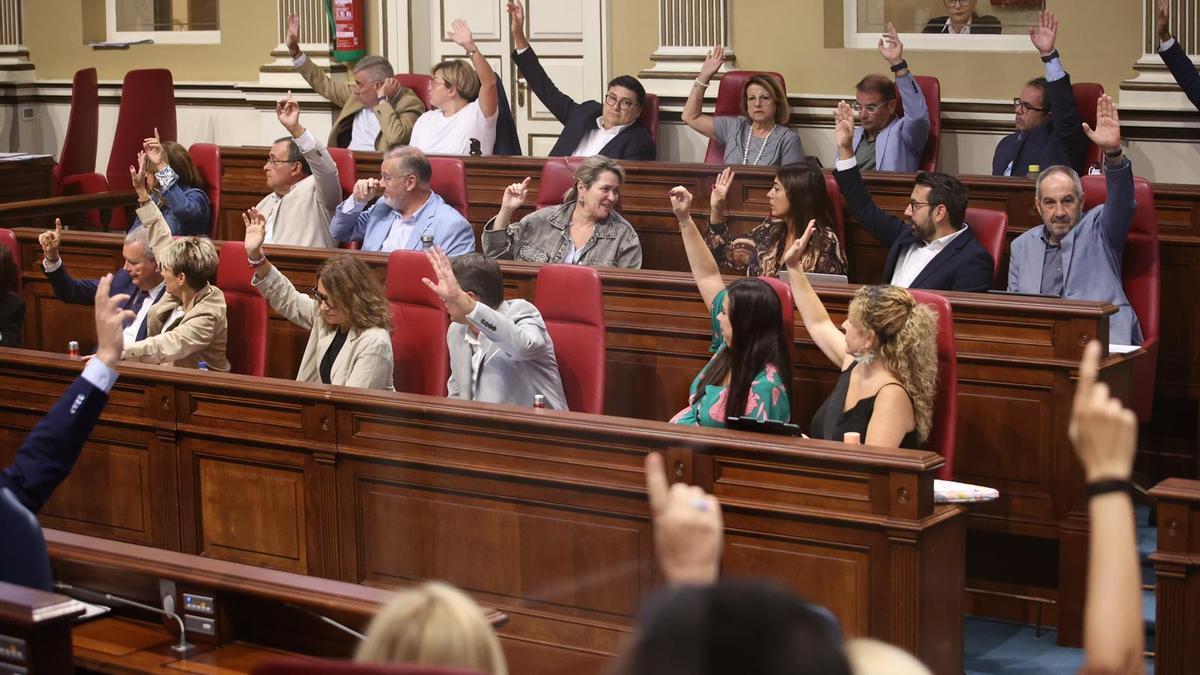 Diputados socialistas y de los grupos del Gobierno en una de las votaciones a mano alzada efectuadas en el Parlamento.