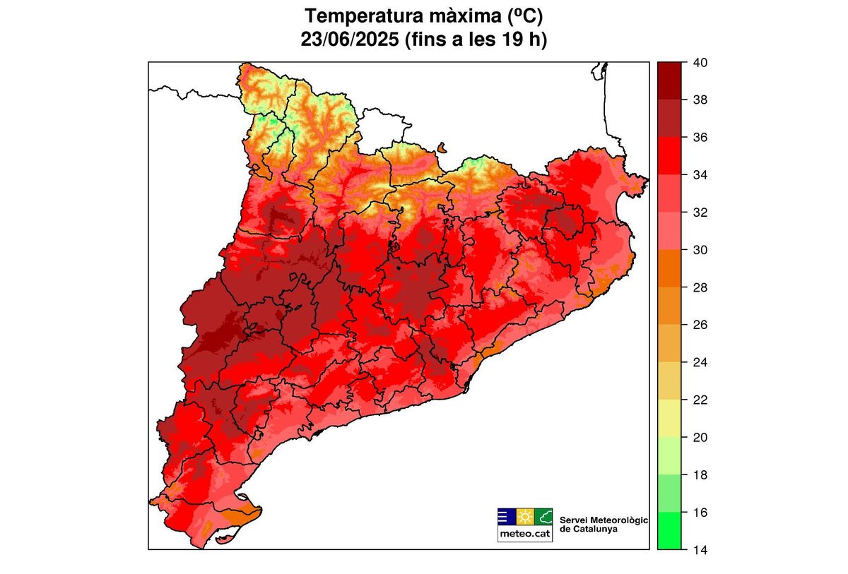 Mapa de temperaturas en Catalunya este 23 de junio de 2025