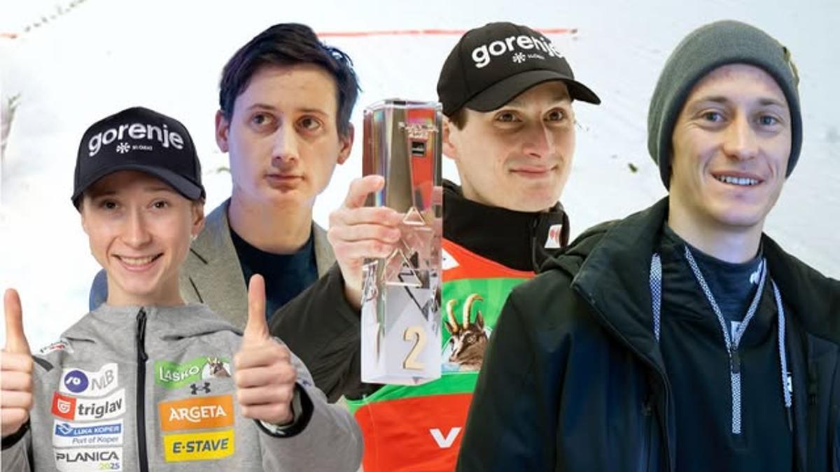 Cuatro de los hermanos Prevc: Nika, Petr, Domen y Cene