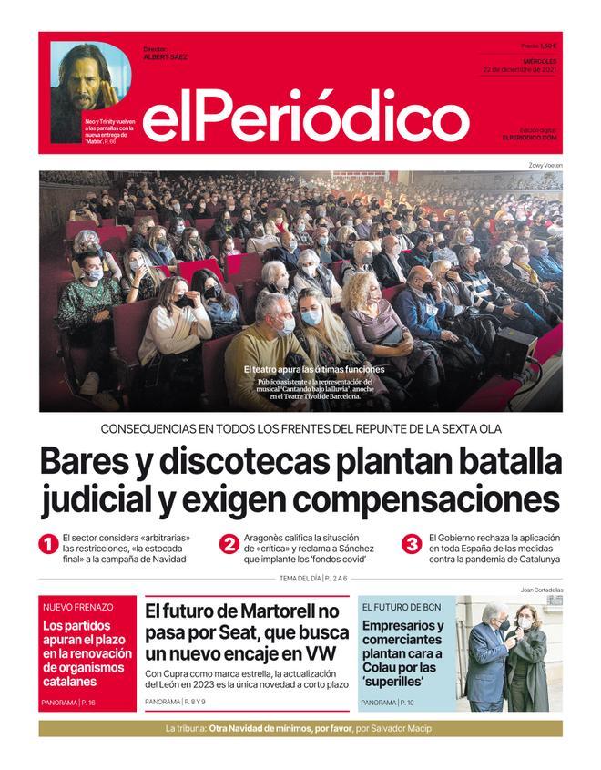 La portada d’EL PERIÓDICO del 22 de desembre del 2021