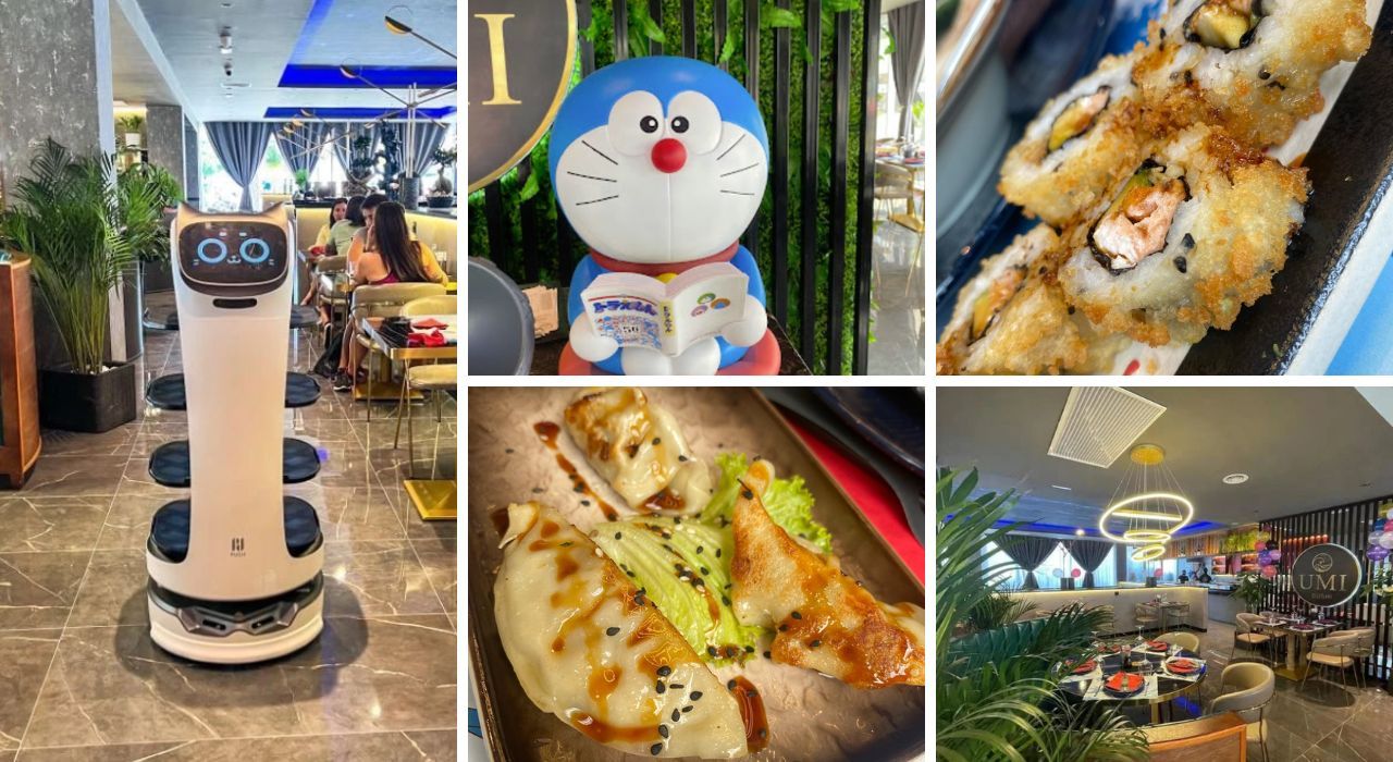 El robot &quot;Miau&quot;, el muñeco Doraemon, algunos platos del menú y el interior del restaurante que está situado en Samil.