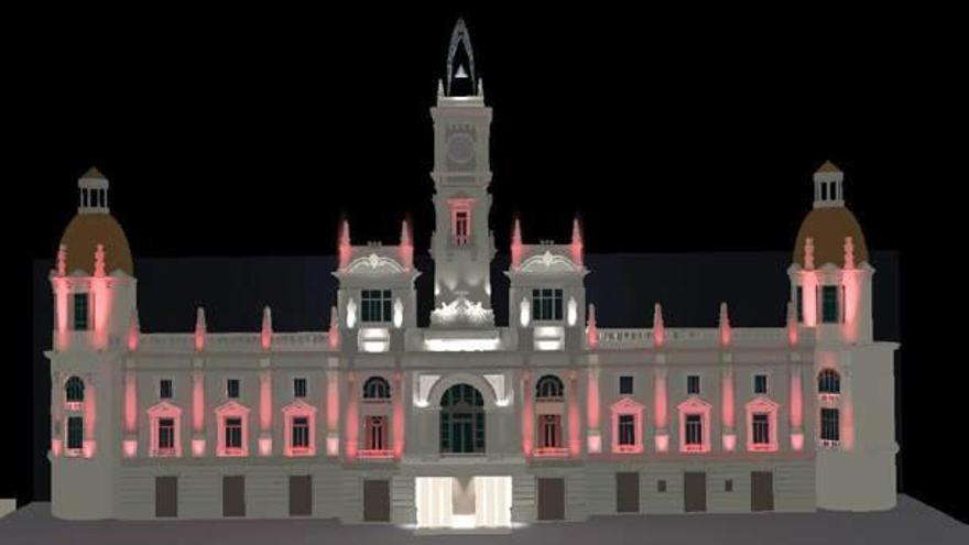 Figuración de la fachada del ayuntamiento iluminada con los colores de la lucha contra el cáncer.