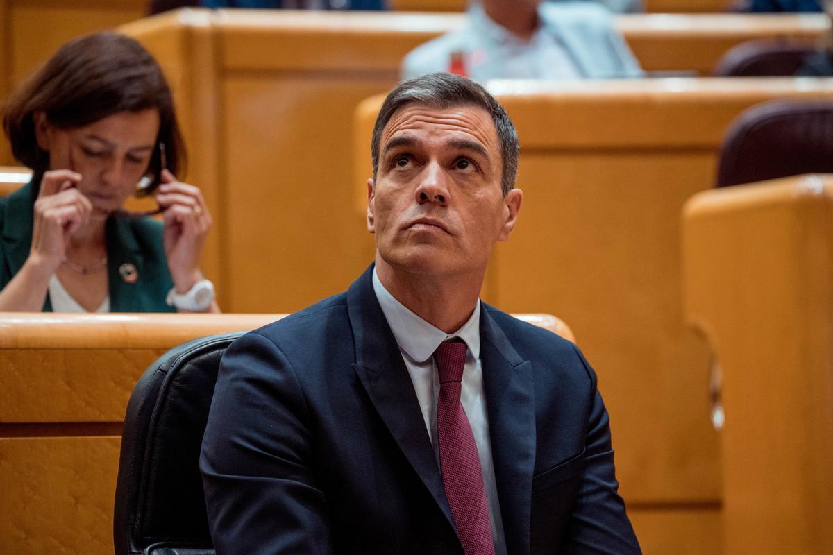 El presidente del Gobierno, Pedro Sánchez, durante una sesión plenaria en el Senado, a 16 de mayo de 2023, en Madrid (España). El jefe del Ejecutivo y el líder de PP protagonizan un nuevo debate parlamentario a escasos doce días de las elecciones autonómi