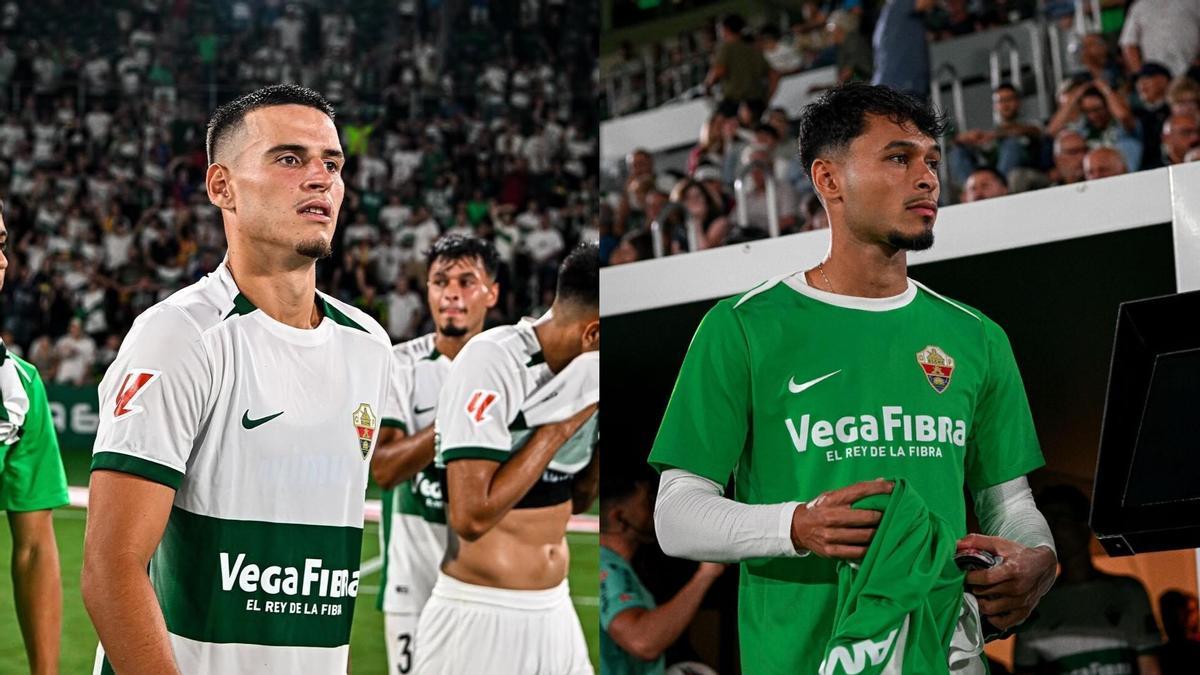 Matia Barzic, a la izquierda, y Rafa Núñez, a la derecha, durante un partido con el Elche en el Martínez Valero.