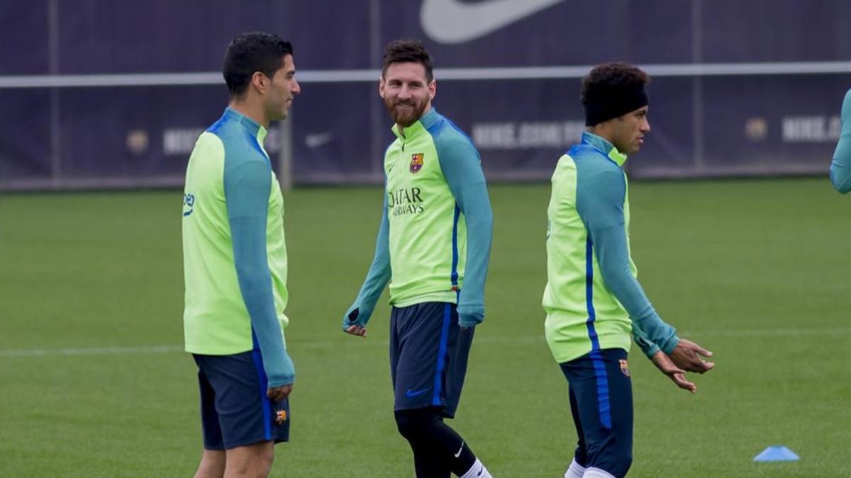 Suárez, Messi y Neymar, durante un entrenamiento