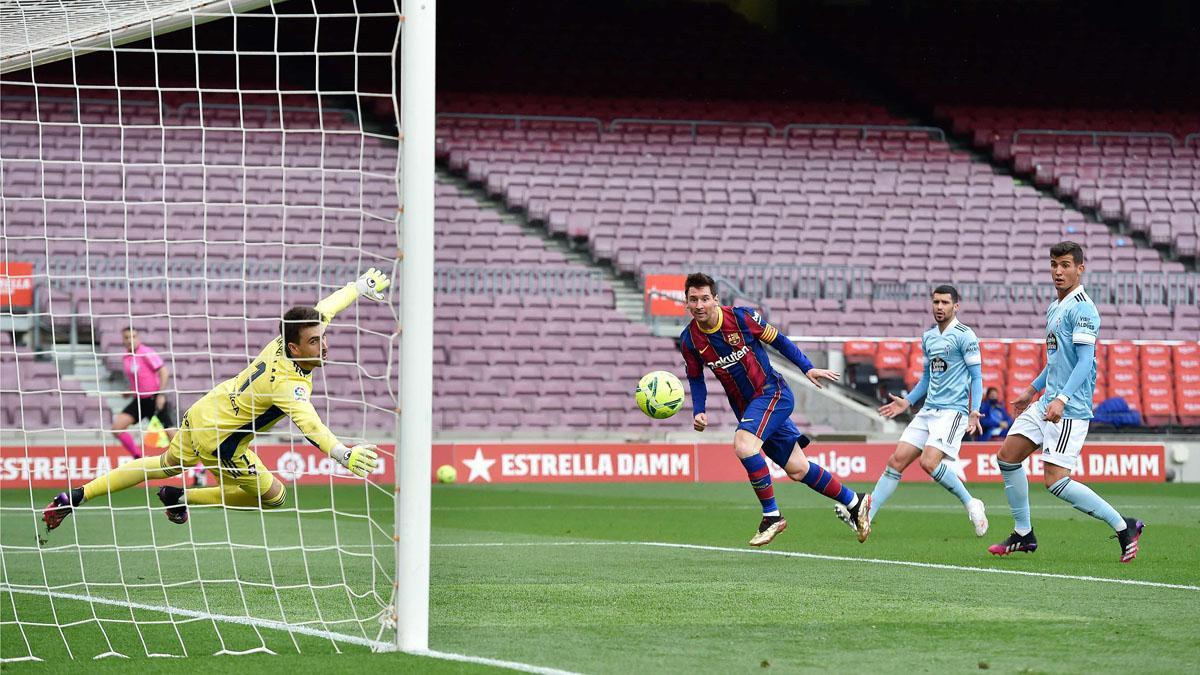 El último gol de Messi, contra el Celta (1-2) en el Camp Nou y de cabeza