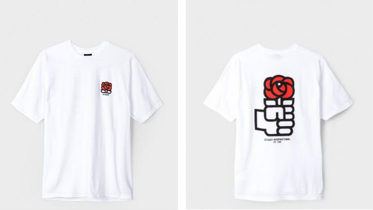 La parte delantera y trasera de la camiseta de Stussy con el logo del PSOE de 1977.