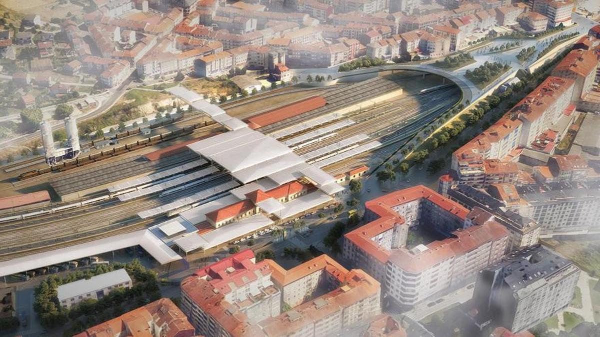 Vista aérea de la nueva playa de vías de la nueva Estación Intermodal de Ourense.