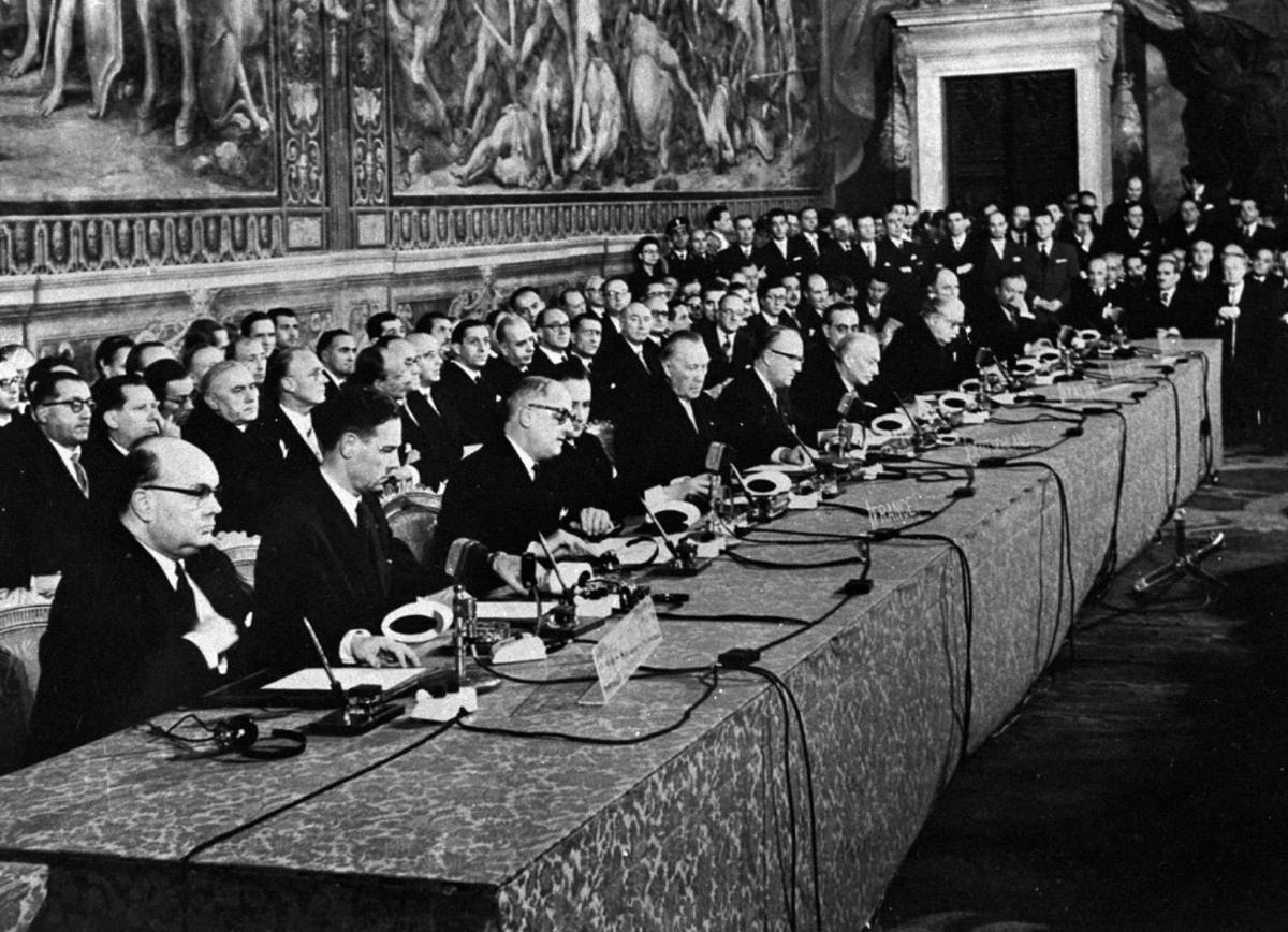 FOR USE WITH FEATURE PACKAGE FOR MONDAY, MARCH 17-This is a view of the signing, March 25, 1957, of the Treaty of Rome, creating the European Economic Community, forerunner of today’s European Union. The EU charter is being rewritten, changing from the house rules that suited the six founding nations but are unwieldy with 15 members now and will cause gridlock when it grows to 26 after the turn of the century. (AP Photo)