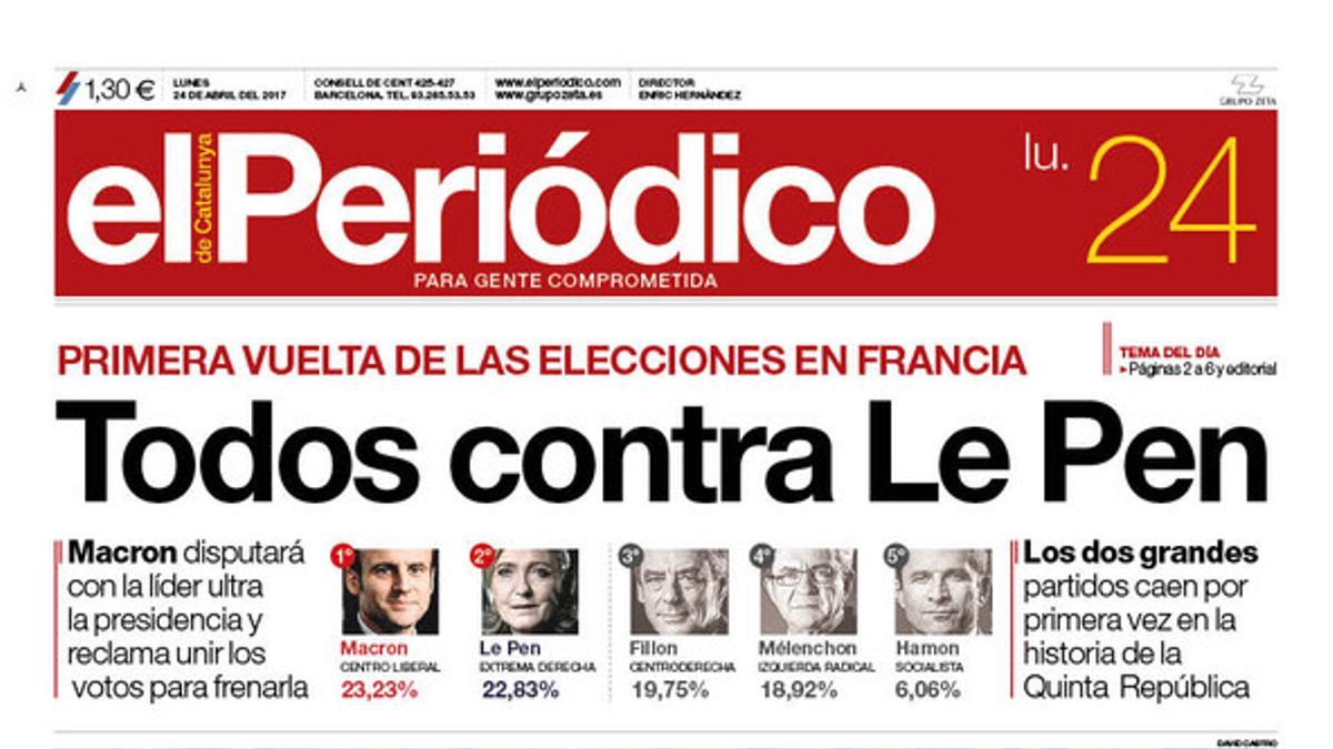 La portada de EL PERIÓDICO del 24 de abril del 2017