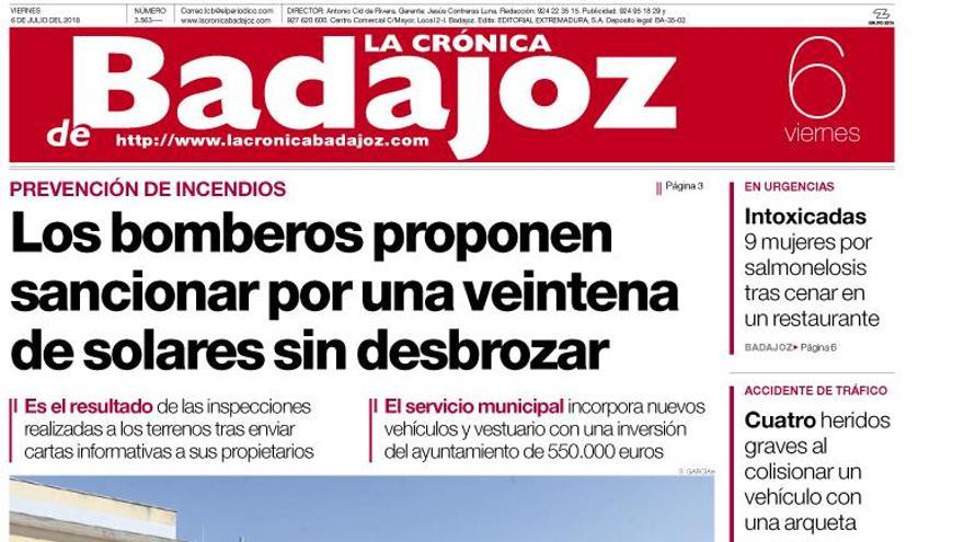 Esta es la portada de LA CRÓNICA DE BADAJOZ correspondiente al día 6 de julio del 2018