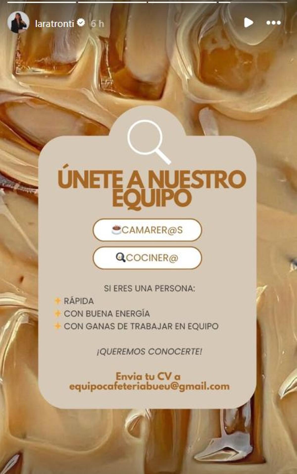 La influencer Lara Tronti busca trabajadores para su nuevo proyecto