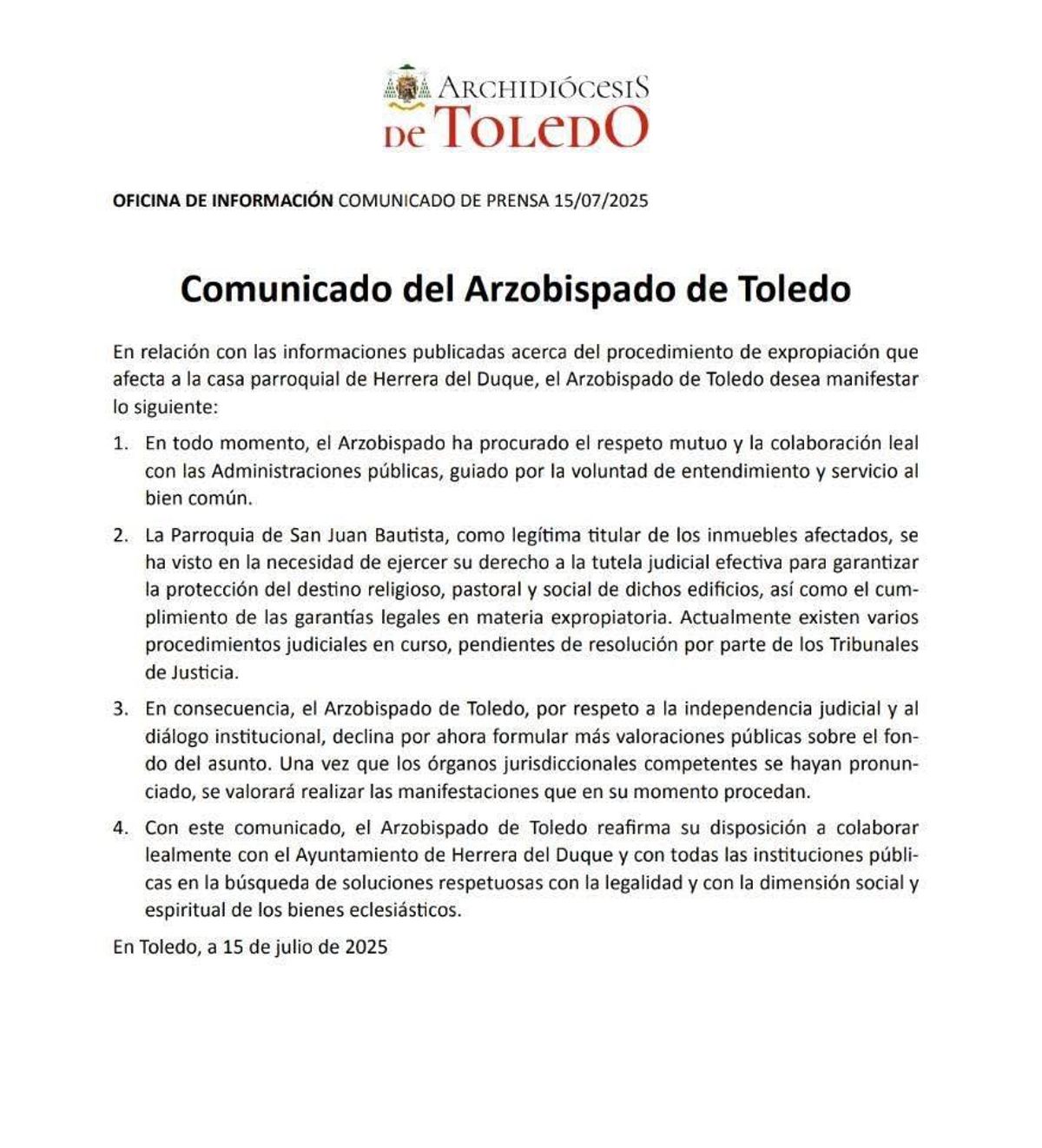 Comunicado de la Archidiócesis de Toledo