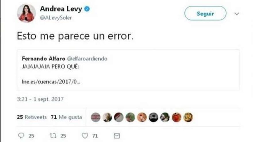 El &quot;tuit&quot; de Andrea Levy, en el que afea la exigencia de Nuevas Generaciones.