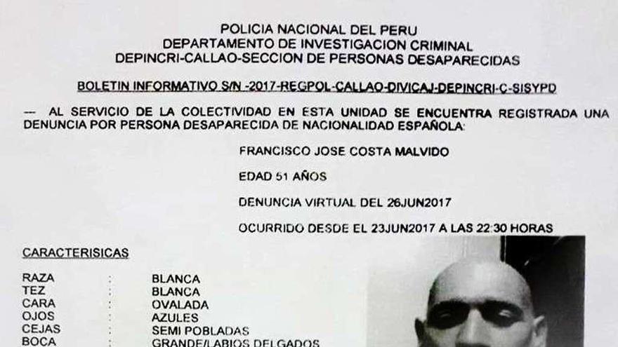 Cartel en Perú para la búsqueda de Francisco José Costa Malvido. // G.N.