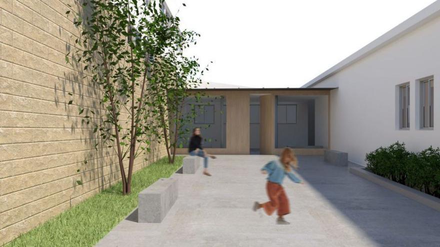 Recreación virtual de un espacio interior y otro exterior después de las obras de ampliación de aulas y urbanización del acceso.