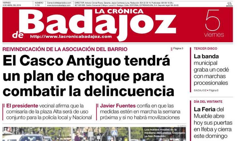 Esta es la portada de LA CRÓNICA DE BADAJOZ correspondiente al día 5 de abril del 2019