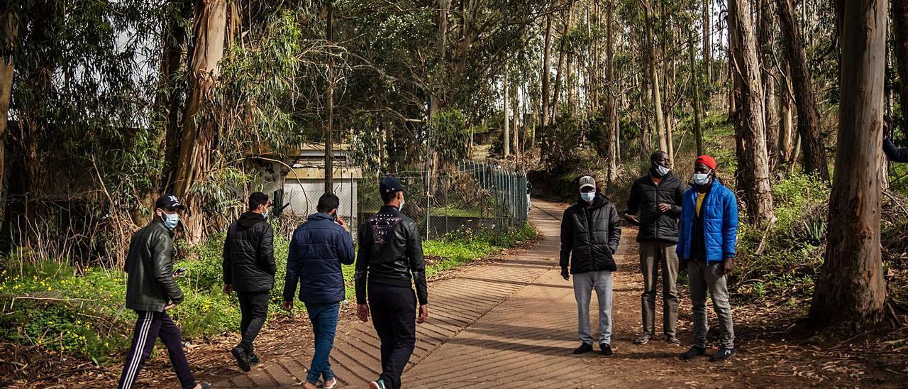 Algunos migrantes pasean por los exteriores del campamento de Las Raíces, en Tenerife. |